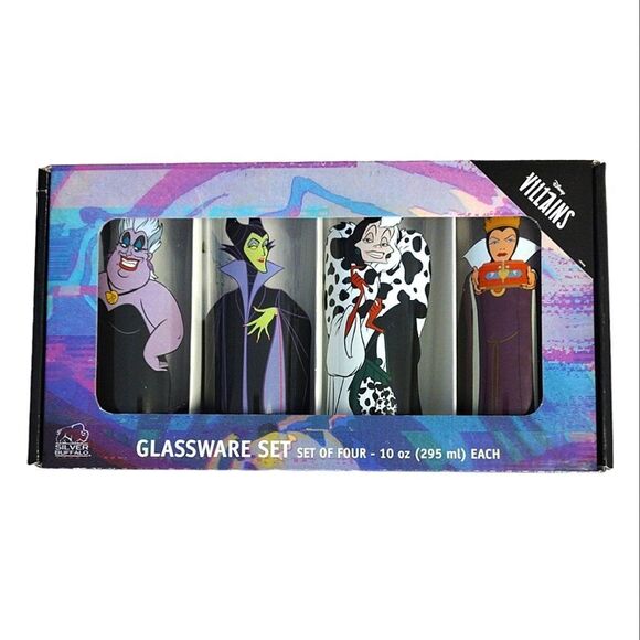 Disney Villains Characters Prints 10oz Tumbler Glassware Set of 4 NWT - Picture 1 of 17